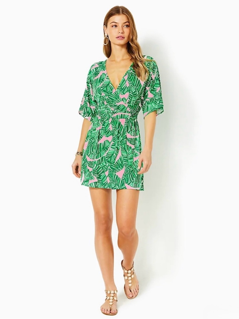 Lilly Pulitzer Green Tropical Print Romper with Pink Accents